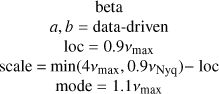 Mathematical equation: $\begin{gathered}\text { beta } \\ a, b=\text { data-driven } \\ \operatorname{loc}=0.9 v_{\max } \\ \text { scale }=\min \left(4 v_{\max }, 0.9 v_{\mathrm{Nyq}}\right)-\mathrm{loc} \\ \operatorname{mode}=1.1 v_{\max }\end{gathered}$