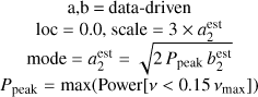 Mathematical equation: $\begin{gathered} \mathrm{a}, \mathrm{~b}=\text {data-driven} \\ \text {loc}=0.0,\ \text {scale}=3 \times a_2^{\text {est}} \\ \text { mode}=a_2^{\text {est}}=\sqrt{2 P_{\text {peak}} b_2^{\text {est}}} \\ P_{\text {peak}}=\max \left(\text { Power}\left[v<0.15 v_{\text {max}}\right]\right) \end{gathered}$