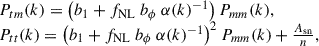 Mathematical equation: $$ \begin{aligned} \begin{array}{l} P_{tm}(k) = \left(b_1 + f_{\rm {NL}}\ b_\phi \ \alpha (k)^{-1}\right) P_{mm}(k) , \\ P_{tt}(k) = \left(b_1 + f_{\rm {NL}}\ b_\phi \ \alpha (k)^{-1}\right)^2 P_{mm}(k) + \frac{A_{\rm {sn}}}{n} , \end{array} \end{aligned} $$