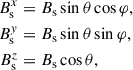 Mathematical equation: $$ \begin{aligned} B_{\rm s}^x&= B_{\rm s} \sin {\theta }\cos {\varphi }, \nonumber \\ B_{\rm s}^{ y}&= B_{\rm s} \sin {\theta }\sin {\varphi }, \\ B_{\rm s}^z&= B_{\rm s} \cos {\theta }, \nonumber \end{aligned} $$