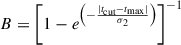 Mathematical equation: $ B = \left[1 - e^{\left(-\frac{|t_{\text{cut}} - t_{\mathrm{max}}|}{\sigma_2}\right)}\right]^{-1} $
