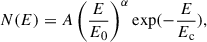 Mathematical equation: $$ \begin{aligned} N(E) = A\left(\frac{E}{E_0}\right)^{\alpha } \mathrm{exp}(-\frac{E}{E_{\rm c}}), \end{aligned} $$