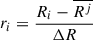 Mathematical equation: $ r_i = \frac{R_i-\overline{R^j}}{\Delta R} $