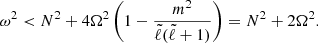 Mathematical equation: $$ \begin{aligned} \omega ^2 < N^2 + 4\Omega ^2 \left(1 - \frac{m^2}{{\tilde{\ell }} ({\tilde{\ell }}+1)}\right) = N^2 + 2\Omega ^2. \end{aligned} $$