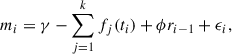 Mathematical equation: $$ \begin{aligned} m_{i} = \gamma - \sum _{j = 1}^{k}f_{j}(t_{i}) + \phi r_{i-1} + \epsilon _{i}, \end{aligned} $$
