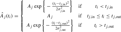 Mathematical equation: $$ \begin{aligned} \hat{A}_{j}(t_{i}) = \left\{ \begin{array}{ccc} A_{j} \exp \bigg \{ -\frac{(t_{i} - t_{j, \mathrm {in}})^{2}}{2\sigma ^{2}_{j, \mathrm {in}}} \bigg \}&\mathrm{ if }&t_{i} < t_{j, \mathrm {in}} \\ A_{j}&\mathrm{ if }&t_{j, \mathrm {in}} \le t_{i} \le t_{j, \mathrm {out}} \\ A_{j} \exp \bigg \{ -\frac{(t_{i} - t_{j, \mathrm {out}})^{2}}{2\sigma ^{2}_{j, \mathrm {out}}} \bigg \}&\mathrm{ if }&t_{i} > t_{j, \mathrm {out}} \\ \end{array} \right. \end{aligned} $$