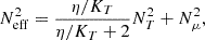 Mathematical equation: $$ \begin{aligned} N_{\rm eff}^2 = \frac{\eta /K_T}{\eta /K_T + 2}N_T^2 + N_\mu ^2, \end{aligned} $$