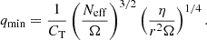 Mathematical equation: $$ \begin{aligned} q_{\rm min} = \frac{1}{C_\text{T}}\left(\frac{N_{\rm eff}}{\Omega }\right)^{3/2}\left(\frac{\eta }{r^2\Omega }\right)^{1/4}. \end{aligned} $$