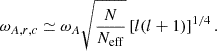 Mathematical equation: $$ \begin{aligned} \omega _{A,r,c} \simeq \omega _A \sqrt{\frac{N}{N_{\rm eff}}}\left[l(l+1)\right]^{1/4}. \end{aligned} $$