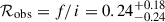 Mathematical equation: $ \mathcal{R}_{\mathrm{obs}} = f/i = 0.24^{+0.18}_{-0.24} $