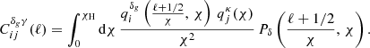 Mathematical equation: $$ \begin{aligned} C_{ij}^{\delta _{g}\gamma }(\ell)=\int _{0}^{\chi _{\mathrm{H} }}\mathrm{d} \chi \,\frac{q_{i}^{\delta _{g}}\left(\frac{\ell +1/2}{\chi },\, \chi \right)\,q^{\kappa }_{j}(\chi)}{\chi ^{2}}\,P_{\delta }\left(\frac{\ell +1/2}{\chi }, \, \chi \right) . \end{aligned} $$