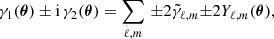 Mathematical equation: $$ \begin{aligned} \gamma _{1}(\boldsymbol{\theta })\pm \mathrm{i} \,\gamma _{2}(\boldsymbol{\theta }) = \sum _{\ell , m}\, {\pm 2}{\tilde{\gamma }_{\ell , m}} {\pm 2}{Y_{\ell ,m}}(\boldsymbol{\theta }) , \end{aligned} $$