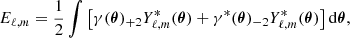 Mathematical equation: $$ \begin{aligned} E_{\ell , m}&= \frac{1}{2}\int \left[\gamma (\boldsymbol{\theta })_{+2}{Y^{*}_{\ell , m}}(\boldsymbol{\theta }) + \gamma ^{*}(\boldsymbol{\theta })_{-2}{Y^{*}_{\ell , m}}(\boldsymbol{\theta })\right] \mathrm{d} \boldsymbol{\theta } ,\end{aligned} $$
