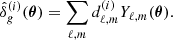 Mathematical equation: $$ \begin{aligned} \hat{\delta }_{g}^{(i)}(\boldsymbol{\theta })=\sum _{\ell , m} d_{\ell , m}^{(i)} Y_{\ell , m}(\boldsymbol{\theta }) . \end{aligned} $$