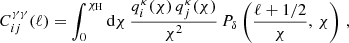 Mathematical equation: $$ \begin{aligned} C_{ij}^{\gamma \gamma }(\ell) = \int _{0}^{\chi _{\mathrm{H} }} \mathrm{d} \chi \, \frac{q_{i}^{\kappa }(\chi)\,q_{j}^{\kappa }(\chi)}{\chi ^{2}}\,P_{\delta }\left(\frac{\ell +1/2}{\chi },\,\chi \right) \,, \end{aligned} $$