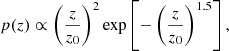 Mathematical equation: $$ \begin{aligned} p(z) \propto \left(\frac{z}{z_{0}}\right)^{2}\exp \left[-\left(\frac{z}{z_{0}}\right)^{1.5}\right] , \end{aligned} $$
