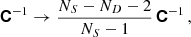 Mathematical equation: $$ \begin{aligned} \boldsymbol{\mathsf{C }}^{-1}\rightarrow \frac{N_{S}-N_{D}-2}{N_{S}-1}\,\boldsymbol{\mathsf{C }}^{-1}\,, \end{aligned} $$