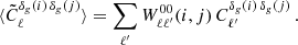 Mathematical equation: $$ \begin{aligned} \langle \tilde{C}_{\ell }^{\delta _{g}(i)\,\delta _{g}(j)}\rangle =\sum _{\ell ^{\prime }}W_{\ell \ell ^{\prime }}^{00}(i, j)\,C_{\ell ^{\prime }}^{\delta _{g}(i)\,\delta _{g}(j)} \, . \end{aligned} $$