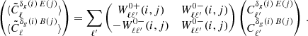 Mathematical equation: $$ \begin{aligned} \begin{pmatrix} \langle \tilde{C}_{\ell }^{\delta _{g}(i)\,E(j)}\rangle \\ \langle \tilde{C}_{\ell }^{\delta _{g}(i)\,B(j)}\rangle \end{pmatrix} = \sum _{\ell ^{\prime }} \begin{pmatrix} W_{\ell \ell ^{\prime }}^{0+}(i,j)&W_{\ell \ell ^{\prime }}^{0-}(i,j) \\ -W_{\ell \ell ^{\prime }}^{0-}(i,j)&W_{\ell \ell ^{\prime }}^{0-}(i,j) \end{pmatrix} \begin{pmatrix} {C}_{\ell ^{\prime }}^{\delta _{g}(i)\,E(j)} \\ {C}_{\ell ^{\prime }}^{\delta _{g}(i)\,B(j)} \end{pmatrix} \, . \end{aligned} $$