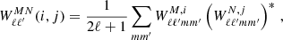Mathematical equation: $$ \begin{aligned} W_{\ell \ell ^{\prime }}^{MN}(i,j)=\frac{1}{2\ell +1}\sum _{mm^{\prime }}W_{\ell \ell ^{\prime }mm^{\prime }}^{M, i}\left(W_{\ell \ell ^{\prime }mm^{\prime }}^{N, j}\right)^{*} \, , \end{aligned} $$