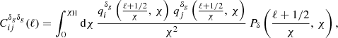 Mathematical equation: $$ \begin{aligned} C_{ij}^{\delta _{g}\delta _{g}}(\ell)=\int _{0}^{\chi _{\mathrm{H} }} \mathrm{d} \chi \, \frac{q_{i}^{\delta _{g}}\left(\frac{\ell +1/2}{\chi },\, \chi \right)\,q_{j}^{\delta _{g}}\left(\frac{\ell +1/2}{\chi },\, \chi \right)}{\chi ^{2}}\,P_{\delta }\left(\frac{\ell +1/2}{\chi }, \, \chi \right) , \end{aligned} $$