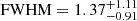 Mathematical equation: $ \mathrm{FWHM} = 1.37^{+1.11}_{-0.91} $