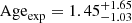 Mathematical equation: $ \mathrm{Age}_{\mathrm{exp}} = 1.45^{+1.65}_{-1.03} $