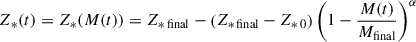 Mathematical equation: $ Z_*(t)=Z_*(M(t))=Z_{*\,\mathrm{final}}-\left(Z_{*\,\mathrm{final}}-Z_{*\,{0}}\right)\left(1-\frac{M(t)}{M_{\mathrm{final}}}\right)^\alpha $