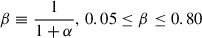 Mathematical equation: $ \beta \equiv \frac{1}{1+\alpha},\, 0.05 \leq \beta \leq 0.80 $