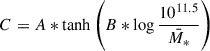 Mathematical equation: $$ \begin{aligned} C = A*\mathrm{tanh}\left(B*\log \frac{10^{11.5}}{\bar{M_*}}\right) \end{aligned} $$