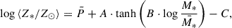 Mathematical equation: $$ \begin{aligned} \log \left < Z_*/Z_\odot \right> = \bar{P} + A\cdot \tanh \left(B\cdot \log \frac{M_*}{\bar{M_*}}\right) - C , \end{aligned} $$