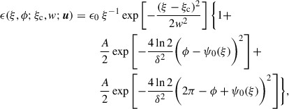 Mathematical equation: $$ \begin{aligned} \begin{split} \epsilon (\xi , \phi ; \xi _{\rm c}, { w};\boldsymbol{u}) = \epsilon _0&\ \xi ^{-1}\exp \left[-\frac{(\xi -\xi _{\rm c})^2}{2w^2}\right]\biggl \{1 +\\ &\frac{A}{2}\exp \left[-\frac{4\ln {2}}{\delta ^2}\biggl (\phi - \psi _0(\xi )\biggr )^2\right]+\\&\frac{A}{2}\exp \left[-\frac{4\ln {2}}{\delta ^2}\biggl (2\pi - \phi + \psi _0(\xi )\biggr )^2\right]\biggr \}, \end{split} \end{aligned} $$