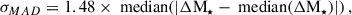 Mathematical equation: $$ \begin{aligned} \sigma _{MAD} = 1.48\times \text{ median} (|\Delta \mathrm{M}_{\star } - \text{ median}(\Delta \mathrm{M}_{\star })|)\, , \end{aligned} $$