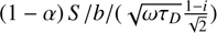 Mathematical equation: $|A|= (1-\alpha) S / b /\left(\sqrt{\omega \tau_{D}} \frac{1-i}{\sqrt{2}}\right)$