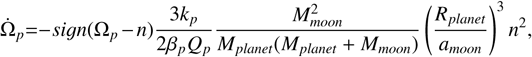 Mathematical equation: $\dot{\Omega}_{p}=-{sign}\left(\Omega_{p}-n\right) \frac{3 k_{p}}{2 \beta_{p} Q_{p}} \frac{M_{{moon}}^{2}}{M_{{planet}}\left(M_{{planet}}+M_{{moon}}\right)}\left(\frac{R_{{planet}}}{a_{{moon}}}\right)^{3} n^{2},$