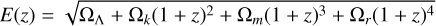 Mathematical equation: $\[E(z)=\sqrt{\Omega_{\Lambda}+\Omega_k(1+z)^2+\Omega_m(1+z)^3+\Omega_r(1+z)^4}\]$