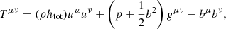 Mathematical equation: $$ \begin{aligned} T^{\mu \nu } = (\rho h_{\mathrm{tot} })u^\mu u^\nu + \left(p+\frac{1}{2}b^2\right)g^{\mu \nu } - b^\mu b^\nu , \end{aligned} $$