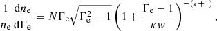 Mathematical equation: $$ \begin{aligned} \frac{1}{n_{\rm e}}\frac{\mathrm{d}n_{\rm e}}{\mathrm{d}\Gamma _{\rm e}} = N\Gamma _{\rm e}\sqrt{\Gamma _{\rm e}^2-1}\left(1+\frac{\Gamma _{\rm e}-1}{\kappa w}\right)^{-(\kappa +1)}, \end{aligned} $$