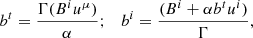 Mathematical equation: $$ \begin{aligned} b^t = \frac{\Gamma (B^i u^\mu )}{\alpha }; \quad b^i= \frac{(B^i+\alpha b^t u^i)}{\Gamma }, \end{aligned} $$