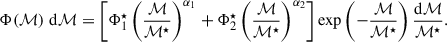 Mathematical equation: $$ \begin{aligned} \Phi (\mathcal{M} )\; \mathrm{d} \mathcal{M} =\left[\Phi _1^{\star }\left(\frac{\mathcal{M} }{\mathcal{M} ^{\star }}\right)^{\alpha _1}+\Phi _2^{\star }\left(\frac{\mathcal{M} }{\mathcal{M} ^{\star }}\right)^{\alpha _2}\right] \exp \left(-\frac{\mathcal{M} }{\mathcal{M} ^{\star }}\right) \frac{\mathrm{d} \mathcal{M} }{\mathcal{M} ^{\star }}. \end{aligned} $$