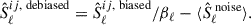 Mathematical equation: $$ \begin{aligned} \hat{S}^{ij, \text{ debiased}}_\ell = \hat{S}^{ij, \text{ biased}}_\ell / \beta _\ell - \langle \hat{S}^{\text{ noise}}_\ell \rangle . \end{aligned} $$