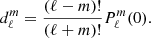 Mathematical equation: $$ \begin{aligned} d^m_{\ell }= \dfrac{(\ell -m) !}{(\ell +m )!}P_{\ell }^{m}(0). \end{aligned} $$