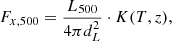 Mathematical equation: $$ \begin{aligned} F_{x,500} = \frac{L_{500} }{4 \pi d_L^2} \cdot K(T,z) ,\end{aligned} $$