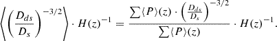 Mathematical equation: $$ \begin{aligned} \left\langle \left(\frac{D_{ds}}{D_s}\right)^{-3/2}\right\rangle \cdot H(z)^{-1} = \frac{\sum \langle P\rangle (z) \cdot \left(\frac{D_{ds}}{D_s}\right)^{-3/2}}{\sum \langle P\rangle (z)}\cdot H(z)^{-1} .\end{aligned} $$