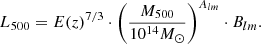 Mathematical equation: $$ \begin{aligned} L_{500} = E(z)^{7/3} \cdot \left(\frac{M_{500}}{10^{14}M_\odot }\right)^{A_{lm}} \cdot B_{lm}. \end{aligned} $$