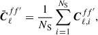Mathematical equation: $$ \begin{aligned} \bar{\boldsymbol{C}}_{\ell }^{ff^{\prime }} = \frac{1}{N_{\mathrm{S} }}\sum _{i=1}^{N_{\mathrm{S} }}\boldsymbol{C}_{\ell ,i}^{ff^{\prime }}, \end{aligned} $$