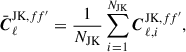 Mathematical equation: $$ \begin{aligned} \bar{\boldsymbol{C}}_{\ell }^{\mathrm{JK} ,ff^{\prime }} = \frac{1}{N_{\mathrm{JK} }}\sum _{i=1}^{N_{\mathrm{JK} }}\boldsymbol{C}_{\ell , i}^{\mathrm{JK} ,ff^{\prime }}, \end{aligned} $$
