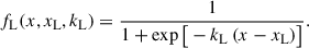 Mathematical equation: $$ \begin{aligned} f_{\mathrm{L} }(x,x_{\mathrm{L} },k_{\mathrm{L} }) = \frac{1}{1+\exp \big [-k_{\mathrm{L} }\,(x-x_{\mathrm{L} })\big ]}. \end{aligned} $$
