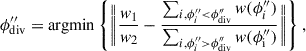 Mathematical equation: $$ \begin{aligned} \phi ^{\prime \prime }_{\mathrm{div} } = \mathrm{argmin} \left\{ \Bigg \Vert \frac{w_{1}}{w_{2}} - \frac{\sum _{i,\phi ^{\prime \prime }_{i} < \phi ^{\prime \prime }_{\mathrm{div} }} w(\phi ^{\prime \prime }_{i})}{\sum _{i,\phi ^{\prime \prime }_{i} > \phi ^{\prime \prime }_{\mathrm{div} }} w(\phi ^{\prime \prime }_{\mathrm{i} })}\Bigg \Vert \right\} , \end{aligned} $$