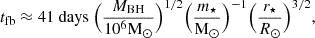 Mathematical equation: $$ \begin{aligned} t_{\rm fb}\approx 41 \ \mathrm{days} \ \Big ( \frac{M_{\rm BH}}{10^6 \mathrm{M}_\odot }\Big )^{1/2} \Big ( \frac{m_\star }{\mathrm{M}_\odot }\Big )^{-1} \Big ( \frac{r_\star }{R_\odot }\Big )^{3/2}, \end{aligned} $$